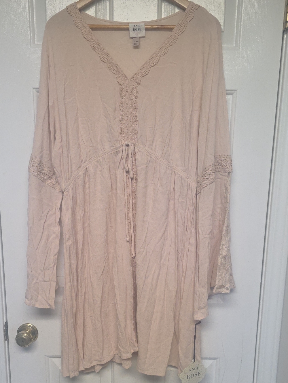 Knox Rose Women's Blush Crochet-Trim Bell Sleeve Tunic Dress